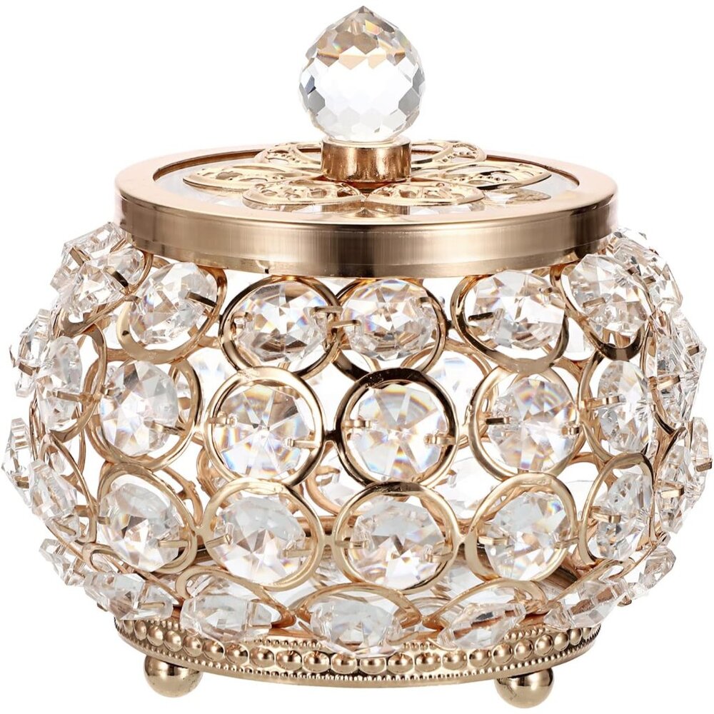 ✨Hipiwe Women Gold Crystal Jewelry Glass Trinket Mirrored Treasure Box Decor